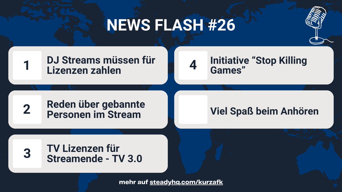 News Flash #26 

open.spotify.com/episode/0Xcas5…

- #twitch News
- Tv Lizenzen für Streamende
- Initiative 'Stop Killing Games'

#Podcast #TwitchNews #GamingNews