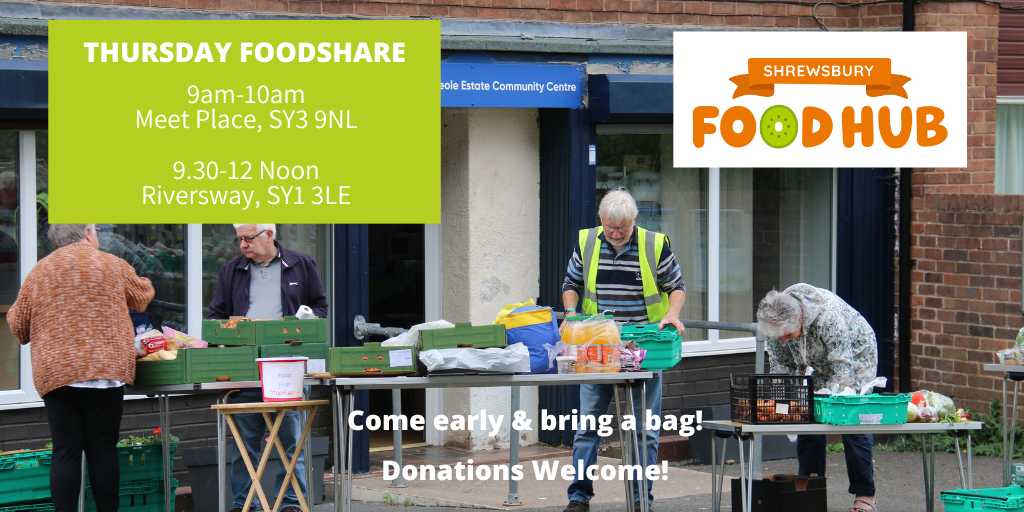 #Foodshares Thurs 25 April
Meet Place, Maesbrook Rd, SY3 9NL
⏰9.00-10.00am
👉Riversway, Lancaster Rd, SY1 3LE
⏰9.30am -12 noon
shrewsburyfoodhub.org.uk/foodshare-time…
#InBelliesNotBins #HubLove #foodcommunity #volunteering
#reducefoodwaste #surplusfood #reduceemissions #TastyWasteSolutions