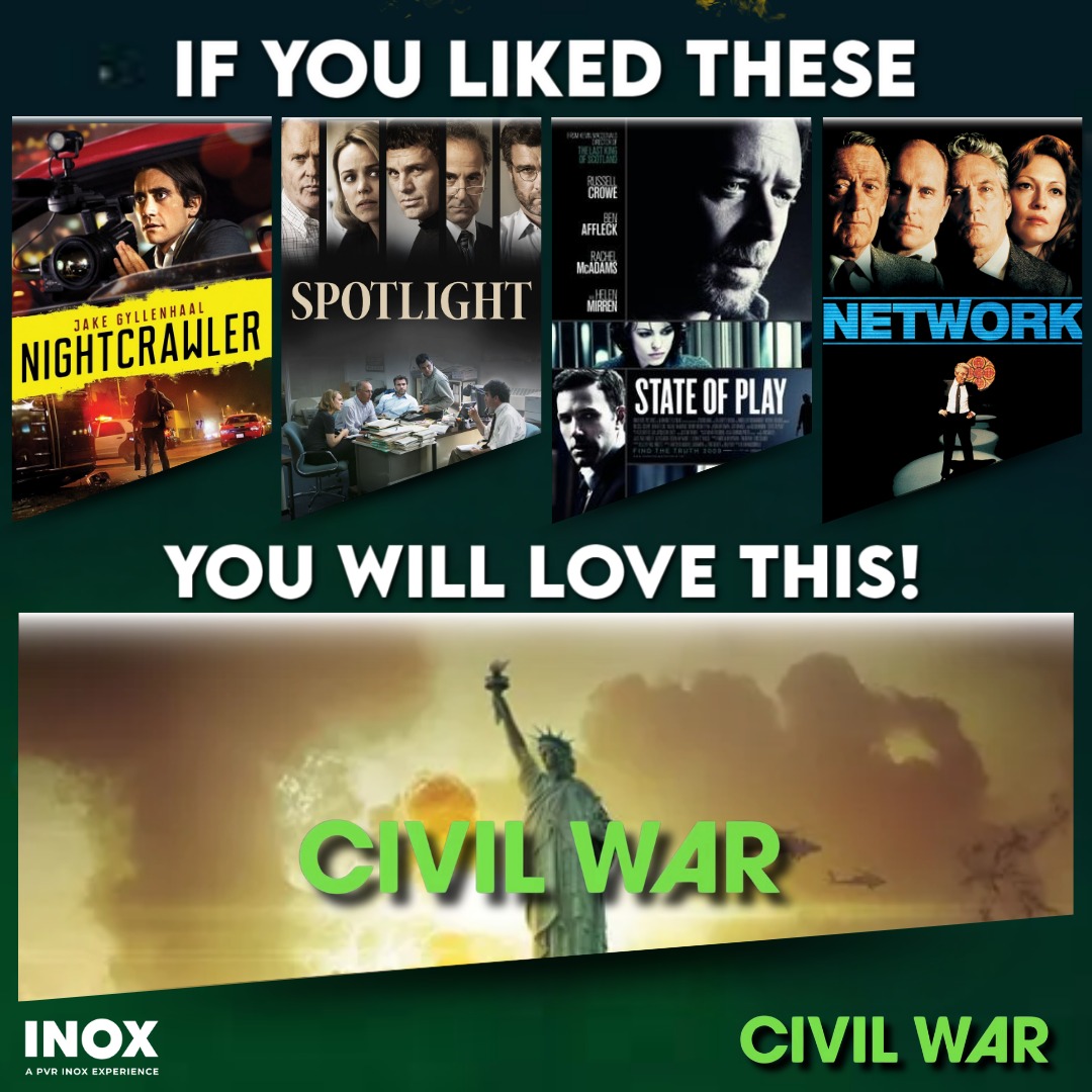Love the gripping intensity of Nightcrawler, the investigative thrill of Spotlight, the political intrigue of State of Play, and the relentless drama of Network? Brace yourselves for the ultimate showdown in Civil War 2024! . Watch Alex Garland’s latest movie #Civilwar from 19…