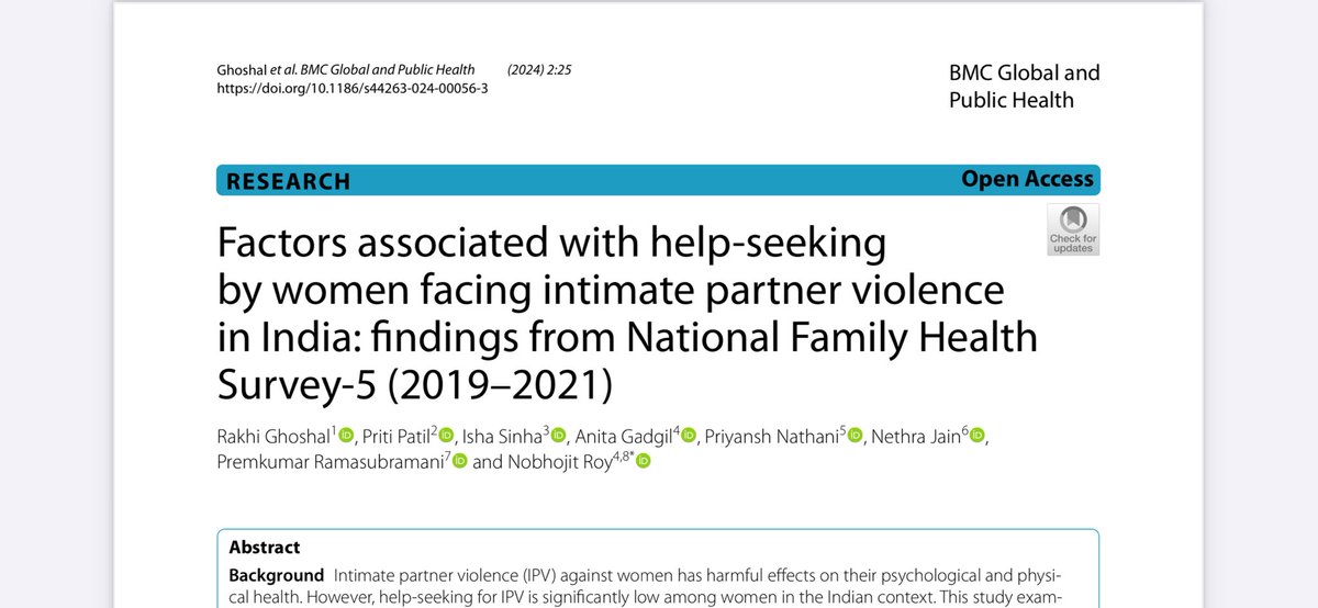 pritimpatil's tweet photo. Women in India are still hesitate to seek help despite facing ‘intimate partner violence’. Our findings from #NFHS in #BMC Global and Public Health 
#IPV #India #Helpseeking https://t.co/jVOMsPGFvL
