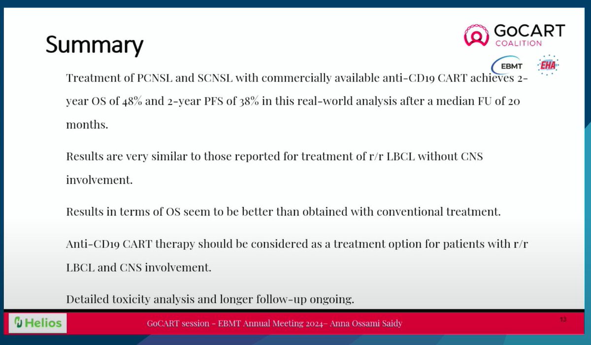 CONGRESS #EBMT24 | Anna Ossami Saidy reports on the efficacy and toxicity outcomes of CD-19 directed CAR T-cells in primary & secondary CNS #lymphoma. N=95, 2-year PFS was 38% and 2-year OS was 48%. #TheEBMT #lymsm #medicalcongress