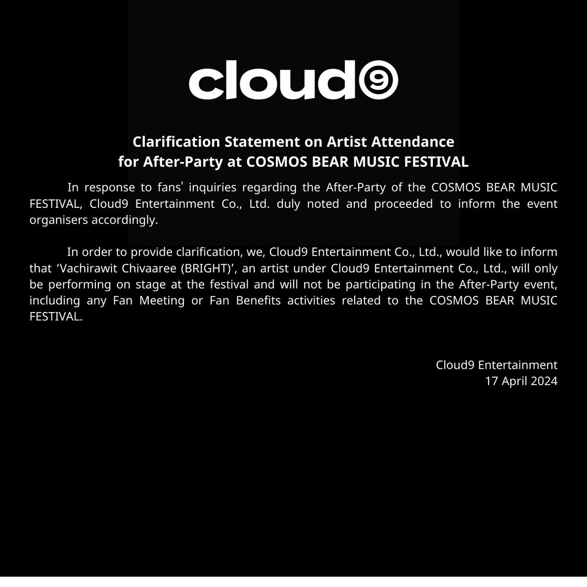 cloud9_ent_ofc's tweet image. ประกาศชี้แจงเกี่ยวกับการเข้าร่วม After-Party งาน COSMOS BEAR MUSIC FESTIVAL ของศิลปิน

Clarification Statement on Artist Attendance for After-Party at COSMOS BEAR MUSIC FESTIVAL

#bbrightvc
#Cloud9Ent