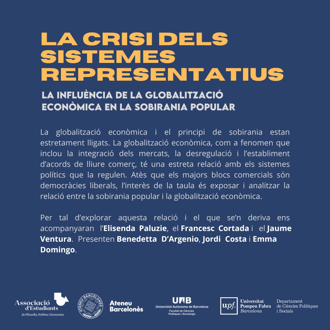 La taula 'La crisi dels sistemes representatius' explorarà la relació entre el sector privat i el poder públic, el poder corporatiu i les regulacions a les empreses.

📆 El dimecres 17 d'abril a les 18:30 a l'@ateneubcn (Sala Bohigas)

🤝Amb el @ciclededialegs #Repensantlescrisis