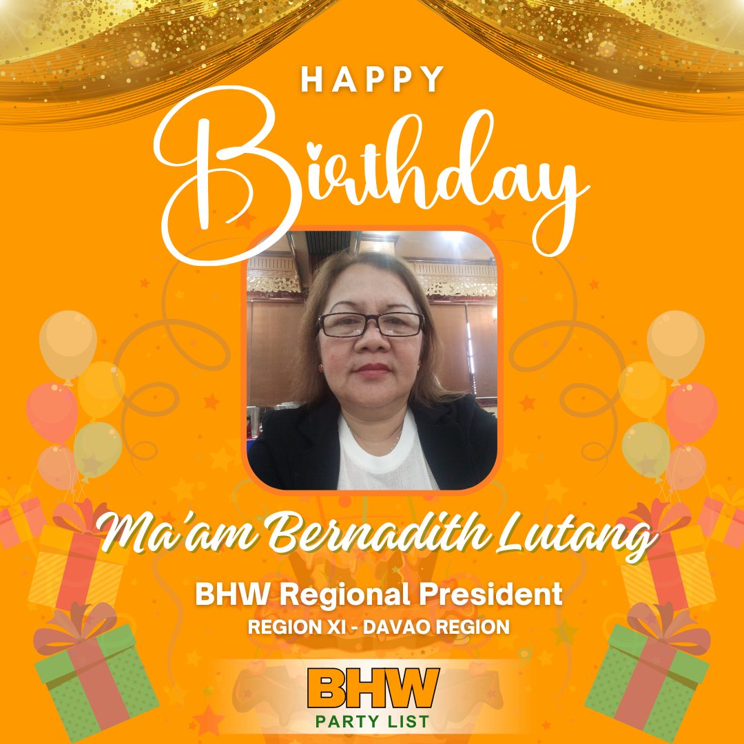 Ang #BHWpartylist po ay bumabati ng isang maligayang kaarawan sa ating BHW Regional President ng Region XI - Davao Region na si Ma'am Bernadith Lutang.
#BHW #BarangayHealthWorker #Barangay #HealthWorker #BNS #Health #Nutrition #Wellness  #Birthday #RegionXI #DavaoRegion #PH