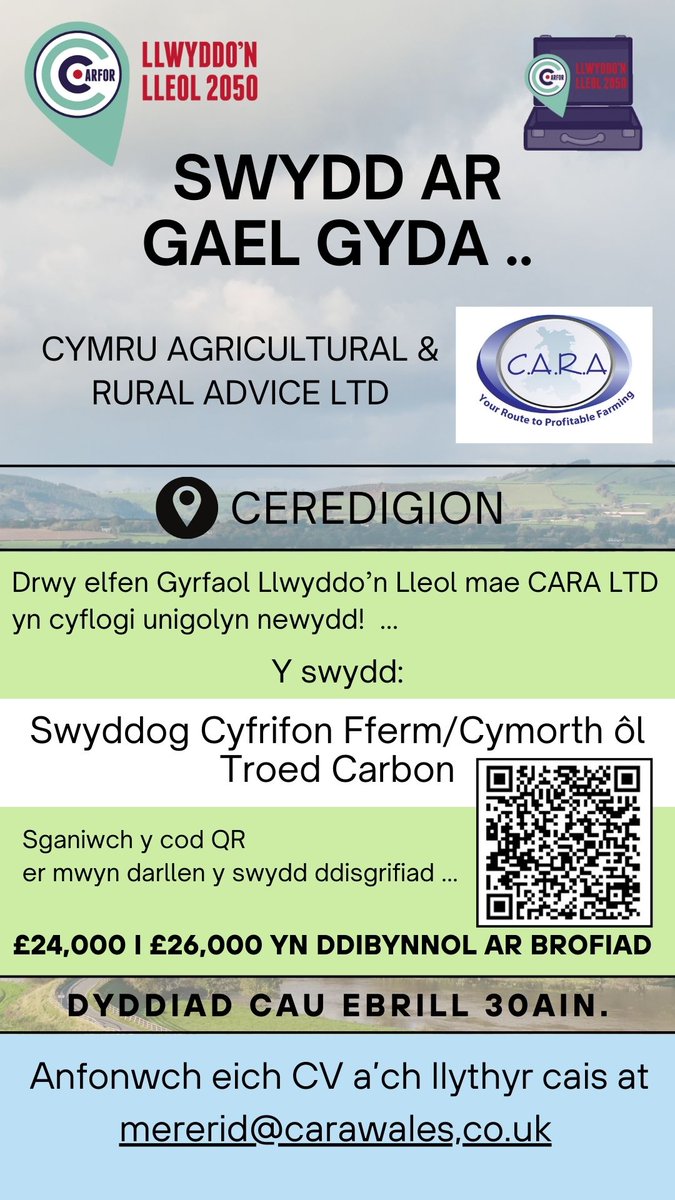 Swydd #elfenGyrfaol Newydd 📍Ceredigion gyda CARA ltd: 🚜Swyddog Cyfrifon Fferm / Cymorth ôl Troed Carbon! Darllena'r Swydd ddisgrifiad nawr 📷 llwyddonlleol2050.cymru/.../Disgrifiad…... A new #elfenGyrfaol job opportunity in 📍Ceredigion with CARA ltd! 🚜 #llwyddonlleol2050