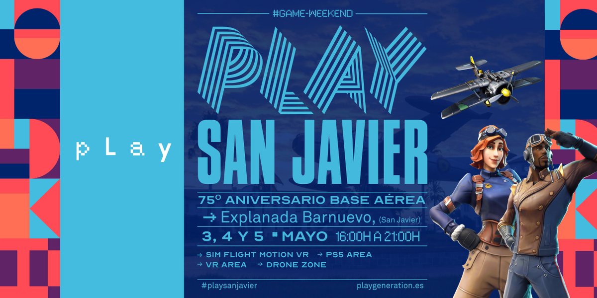 🔵 PLAY SAN JAVIER #Game-Weekend

🚁 Sim Flight Motion VR
🎮 PS5 Area, donde podréis jugar a diferentes juegos de vuelo y pilotaje.
🥽 VR Area
✈️ Drone Zone

Toca disfrutar del 75º aniversario de la base aérea de San Javier como se merece 😎🤙

📅 3, 4 y 5 Mayo
🕓 16:00h a 21:00h