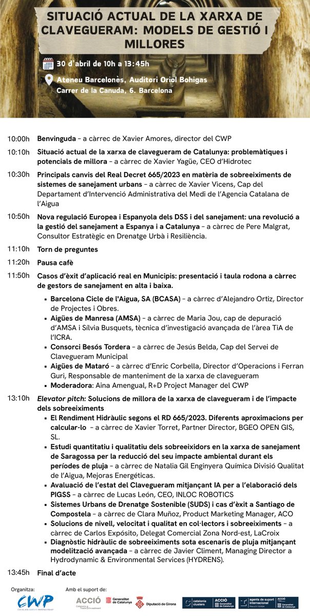 CatalanWaterP's tweet photo. 💧 Situació actual de la xarxa de clavegueram: models de gestió i millores
🗓️30 d'abril
📢Amb @HidrotecTV @aigua_cat #BCASA @aiguesmanresa @consorcibesos @aiguesmataro @bgeo_opengis @MejorasE #Inlocrobotics #ACO @LACROIX_Group
@IcraWater
🔗https://t.co/bakl9vOP2S
#CWPevents https://t.co/dzSsfKO3N3