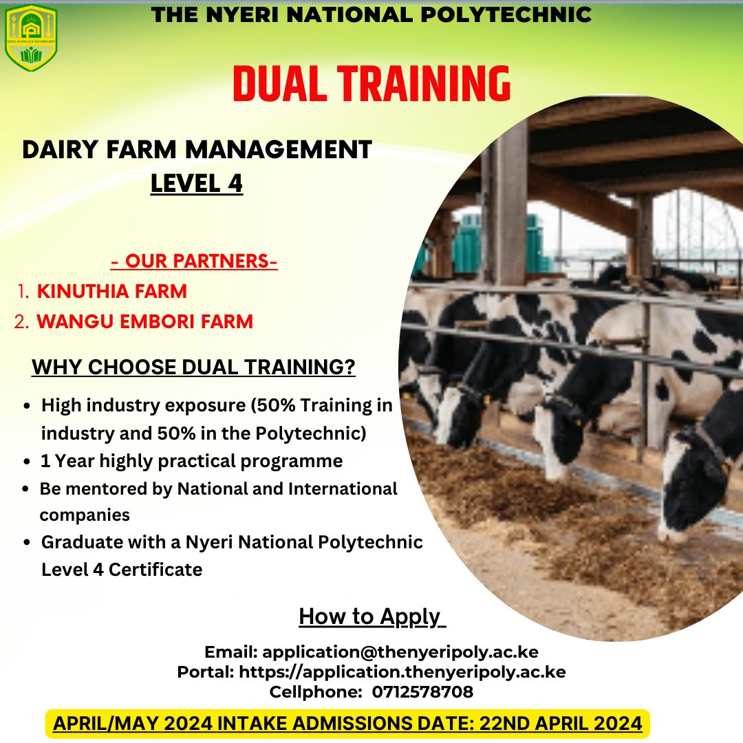 thenyeripoly's tweet photo. In collaboration with:
1. Kinuthia Farm
2. Wangu Embori Farm
@thenyeripoly is now reforming the training system by adopting Dual Training in all areas of training producing 'fully baked' graduates.
Dual Training aims at integrating class work with industry practical skills thus producing qualified professionals in terms of skills and knowledge.
Enrol for a course in Dairy farm management and learn 50% in class and 50% in the above-mentioned Farms.
April/May intake commences on 22nd April 2024.
Apply now via:
Email: application@thenyeripoly.ac.ke
Portal: https://t.co/b7GdygNye4
or Contact the office of the Registrar via 0712578708
#nikosetnatvet