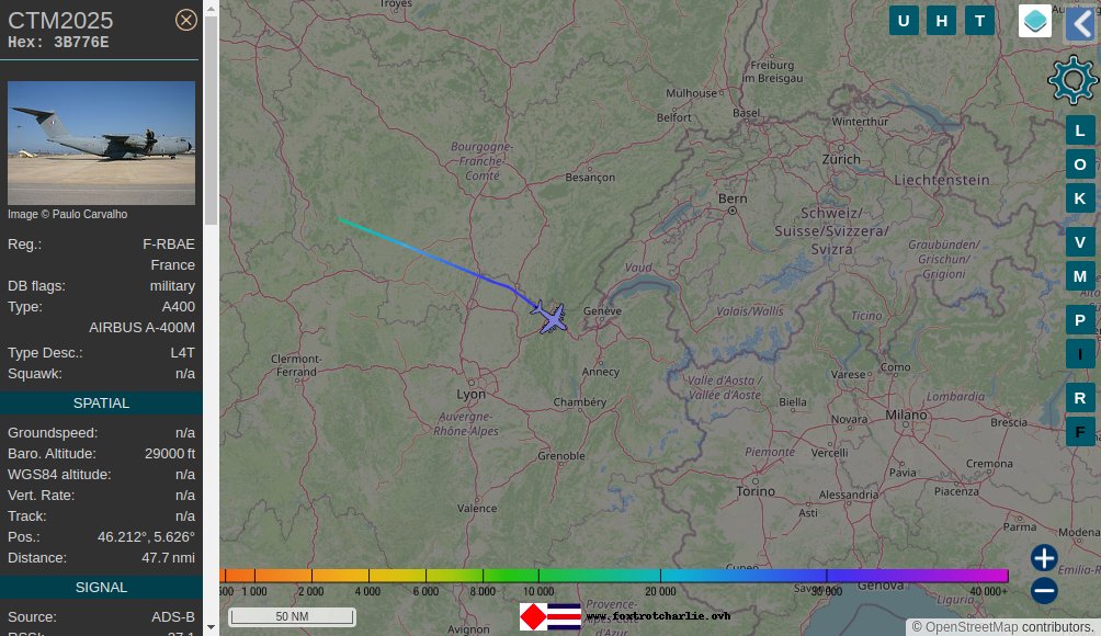 FrenchAirForce Airbus Military A400M 🛫 ascending in range of ChalonSurSaone receiver at 311.6mph heading E with tail 0012 ICAO code 3B776E France 📡 foxtrotcharlie.ovh/todaymil