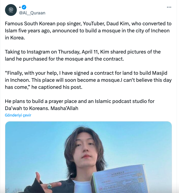 KorePostasi's tweet photo. Güney Kore'de 5 yıl önce Müslüman olduğunu açıklayan YouTuber Daud Kim, Kore'nin Incheon şehrinde cami inşa edeceğini duyurmasının ardından medyada büyük ilgi topladı.

Kore Postası'na konuşan Kore İslam Federasyonu yetkilileri, Kim'e itibar edilmemesi gerektiğini söyledi. https://t.co/vbROIxom8b