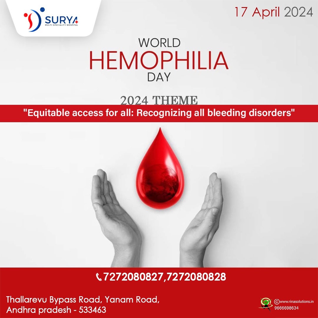 WRLD HEMOPHILIA DAY 
OSURYA MULTI SPECIALITY HOSPITAL
TALLAREVU
CONTACT: 7272080827
#suryahospital #hospitality #medicalcare #neurosurgeron #medical #dizirina #hospital #doctor #surgeon #medical #laparoscopic #gastrointestinal #diabetes #diabetologist #generalmedicine #tallarevu