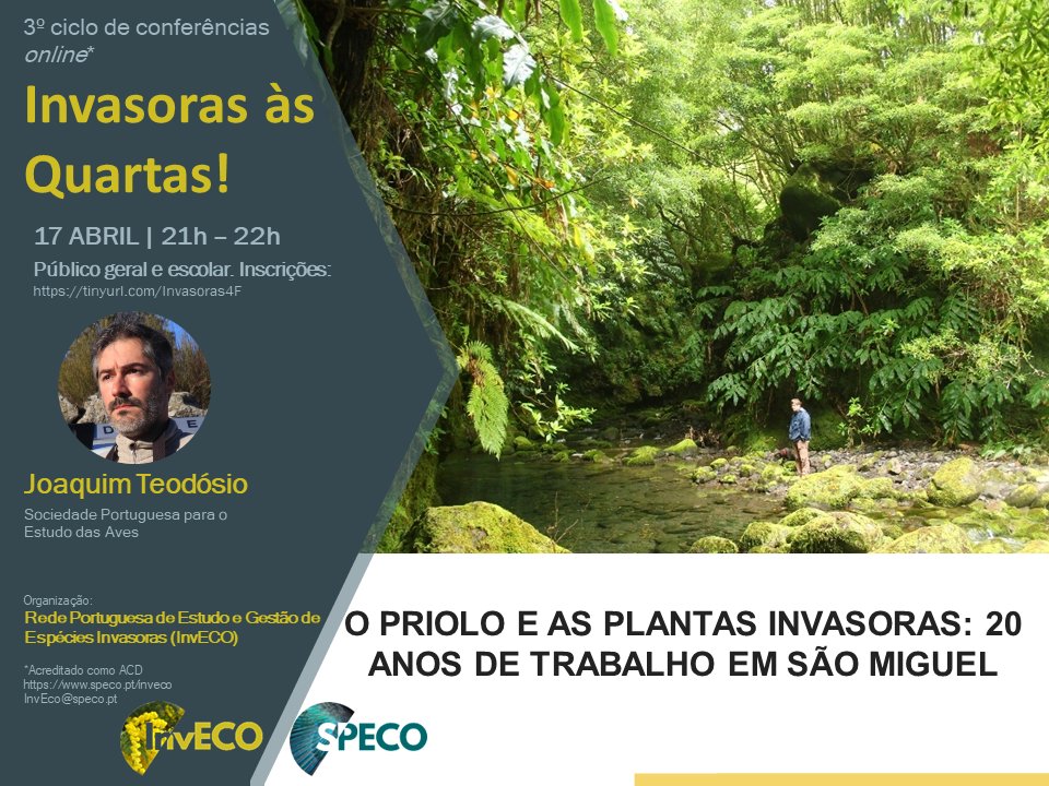 PortugalEcology's tweet photo. 🌿 #RedeInvECO #InvasorasAsQuartas
No presente dia 17 de Abril decorrerá a 6ª sessão do Invasoras às Quartas, com o tema "O priolo e as plantas invasoras: 20 anos de trabalho em São Miguel", com Joaquim Teodósio.
ℹ️ +ecoinfo | https://t.co/ODneo1g1hJ
#️⃣ #SPECO #Invasoras https://t.co/8FTWRKYWTT
