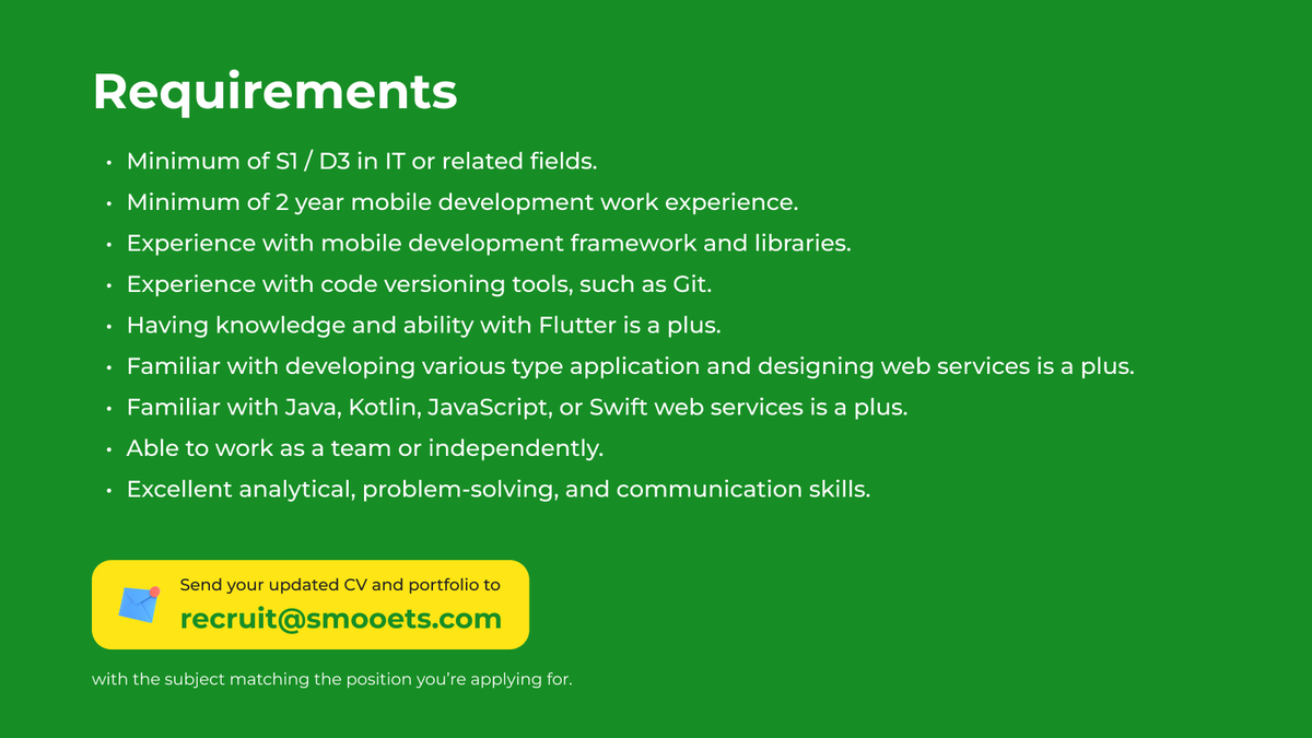 SMOOETS's tweet photo. Calling all Mobile Apps Developers!

Join our team and be a part of helping companies around the world solve their software development challenges!

Send your CV and let us know more about you!

#hiring #nowhiring #lowongankerja #hrdindonesia #developer #mobileappdevelopment https://t.co/QG5BiYSW4u