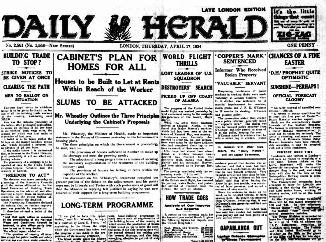 'Cabinet's Plan For Homes For All - Houses to Be Built to Let at Rents Within Reach of the Worker - Slums to be Attacked - Mr. Wheatley Outlines the Three Principles Underlying the Cabinet's Proposals,' Daily Herald, 17 April 1924 bit.ly/49ASBxM #OTD #1924Newspapers