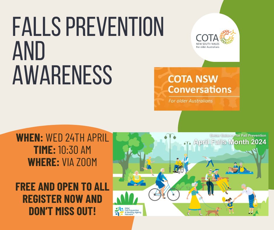 📣 In April Falls Awareness month join our webinar for the latest research & info on staying active & preventing falls. 📅 Date: Wednesday, April 24th 2024 ⏲️ Time: 10.30 - 11.30 am Register at ow.ly/c5l850RhOxk @NSWFallsNetwork #healthyageing #preventingfalls