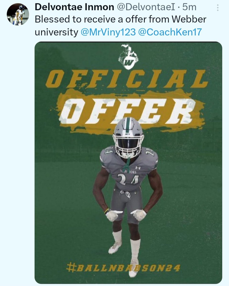 Congratulations @DelvontaeI on another offer and thank you @MrViny123 of @WebberFB for acknowledging our players with the opportunity to play at the next level💯
#sfaacademyfootball #levelup #FindAWay #studentathletes