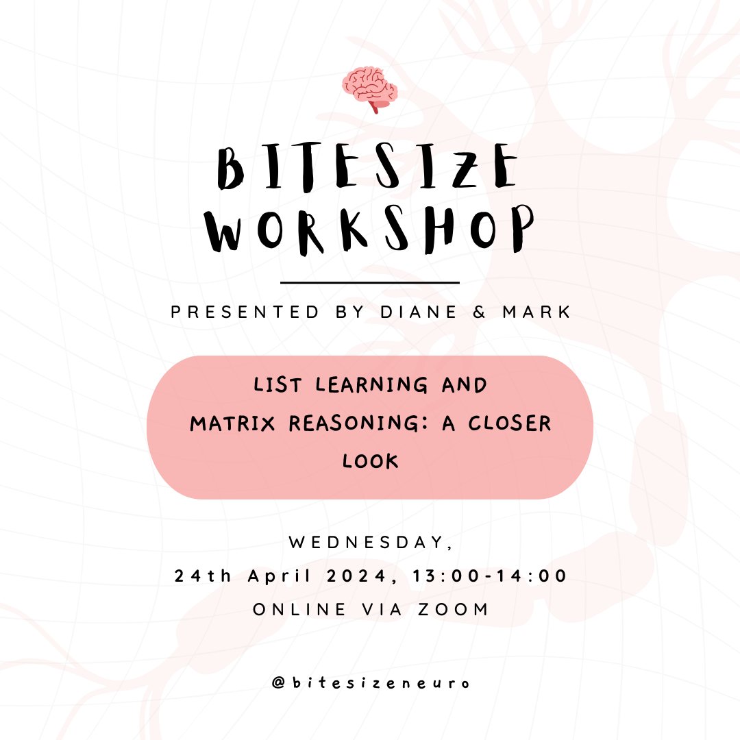 📢 Next workshop: Wed, April 24th, 1-2pm on Zoom. Mark will be flying solo this workshop and will cover common neuropsychological tests: List Learning & Matrix Reasoning! Don't miss it! Sign up NOW: forms.gle/pNfhxz4eeHBZZH…