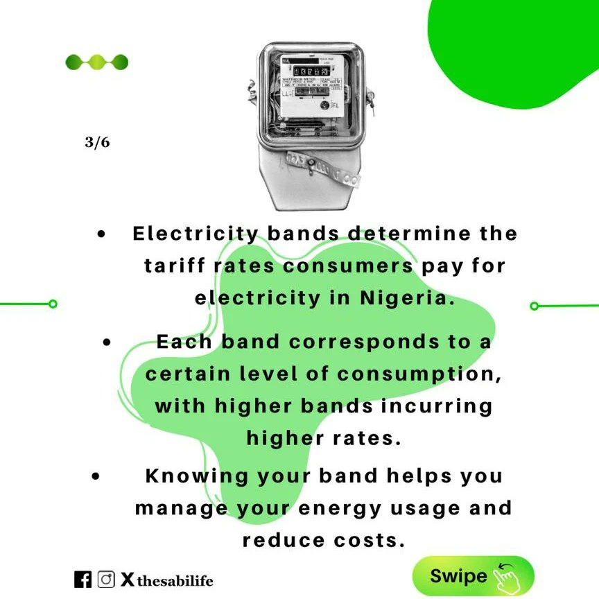 thesabilife's tweet photo. Discover your electricity band in Nigeria with our carousel guide! Learn how to find yours, manage energy usage, and save costs effectively! 
#sabilifestyle 
#EnergyEfficiency
#ElectricityBands #NigeriaPower https://t.co/OMyJ43g5sK