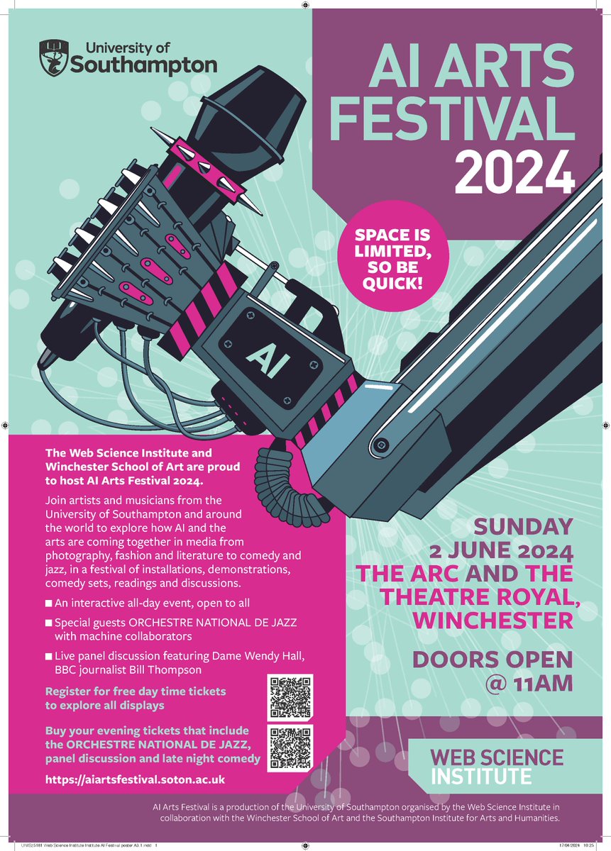 In a festival of demos and discussions, join artists and musicians from @unisouthampton, @unisoton_wsa and around the world to explore how #AI and the #arts are coming together in media from photography, fashion, and literature to #comedy and #jazz. aiartsfestival.soton.ac.uk