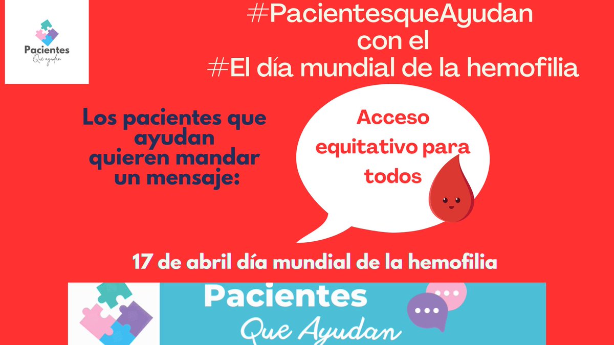 Los #pacientesqueayudan nos sumamos hoy a todos aquellos que padecen #Hemofilia. Una #enfermedadrara y en la que como dice el lema, es preciso el acceso equitativo para todos. Porque cursa, además, #dolor crónico muy limitante.
#DiaMundialHemofilia