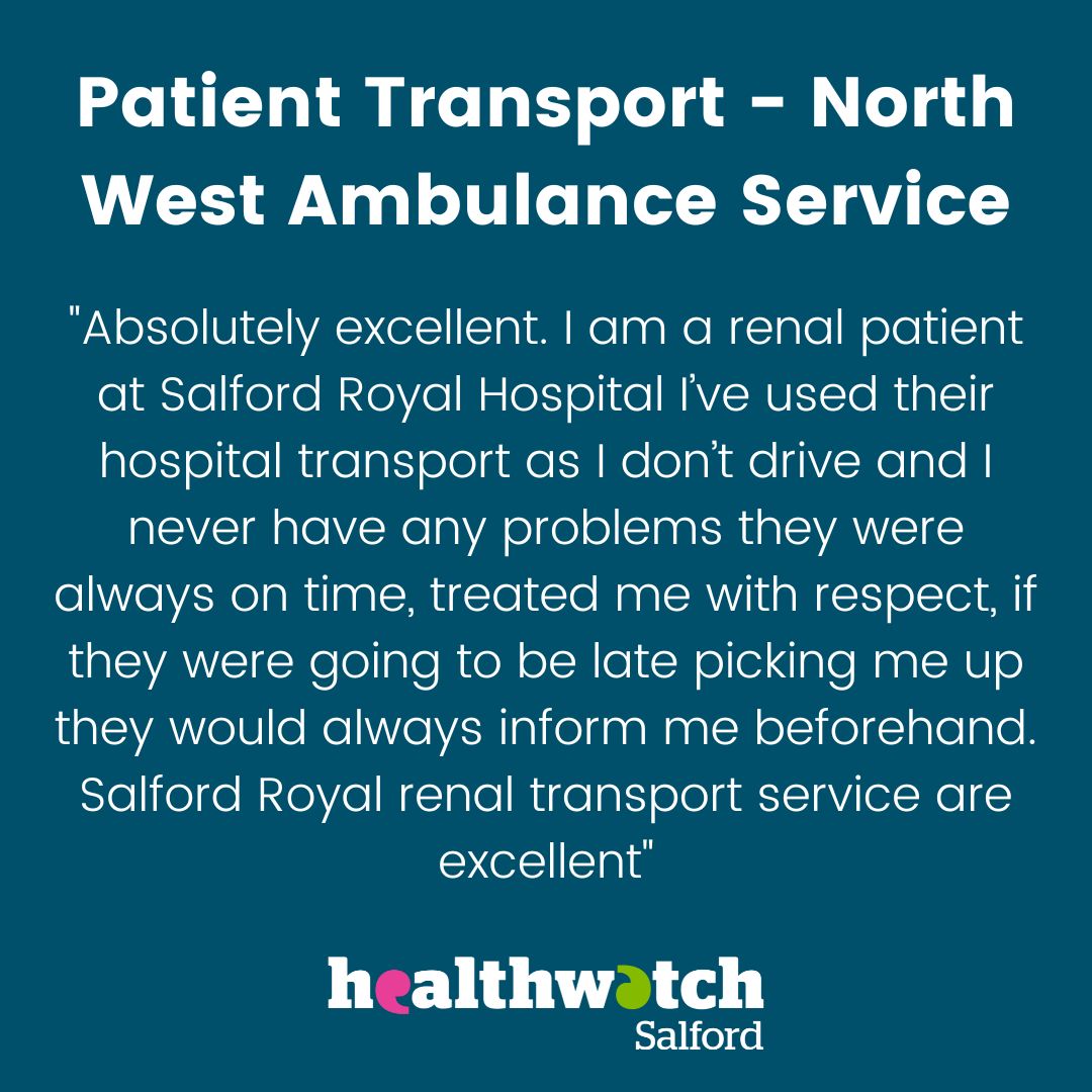 👏 Wonderful feedback has come in about @NWAmbulance from someone who uses their Renal Transport Service at Salford Royal. Share your experience of health and social care services in #Salford here: healthwatchsalford.co.uk/share-your-vie…… 🦷🩺💊 🏥🚑