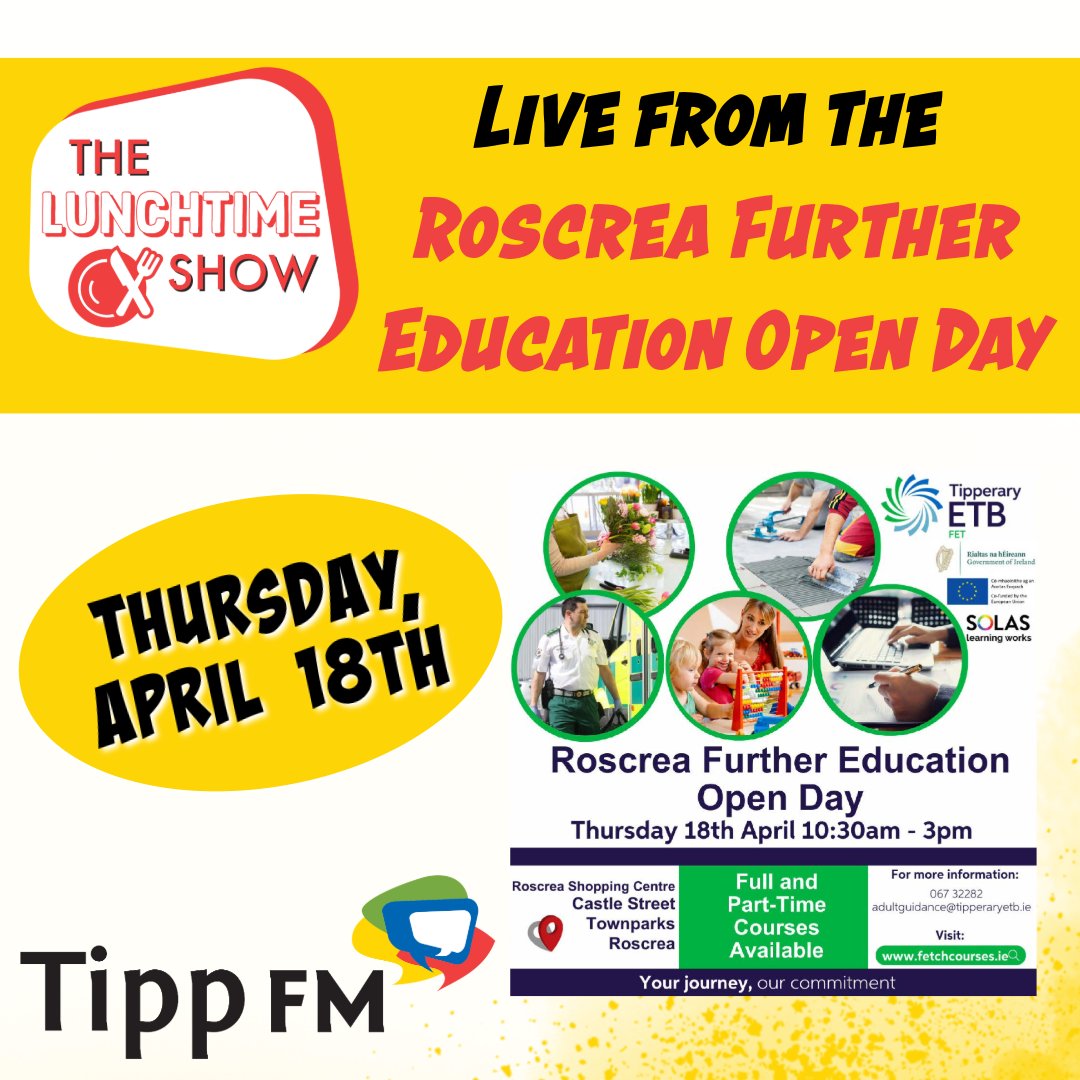 Find out more! #TipperaryETB #FETCHCourses
At Roscrea Shopping Centre tomorrow 18th April from 10.30am to 3.00pm
#fetchcourses #Tipperaryetb #apprenticeships
