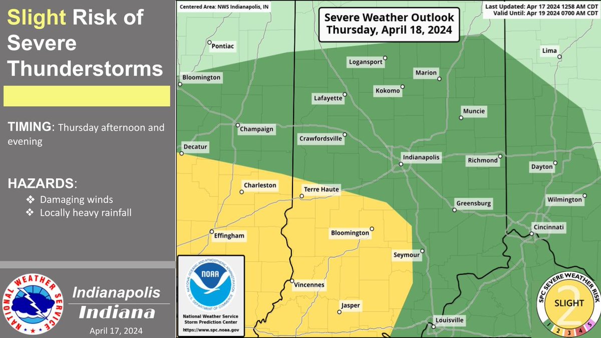 A low pressure system will bring showers and thunderstorms to central #inwx on Thursday into Thursday night. Some storms could be severe Thursday afternoon and evening. The primary threats will be damaging winds and locally heavy rainfall.
