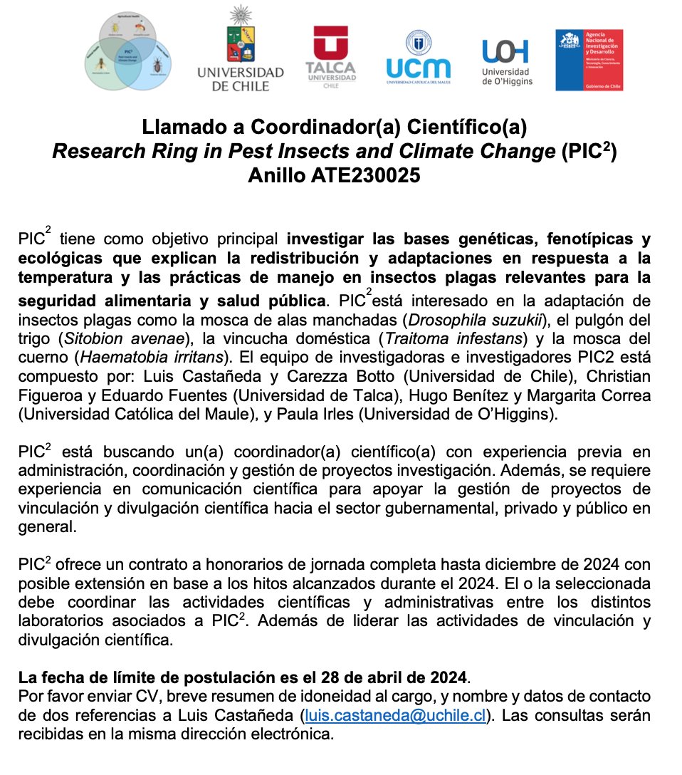 Luis Castañeda (@biocastaneda) on Twitter photo Llamado a coordinador(a) científico(a) para trabajar en <a href="/AnilloPIC2/">Research Ring in Pest Insects and Climate Change</a>. Postulaciones hasta el 28 de abril.
Postula o RT para hacer llegar a interesadas/os Llamado a coordinador(a) científico(a) para trabajar en <a href="/AnilloPIC2/">Research Ring in Pest Insects and Climate Change</a>. Postulaciones hasta el 28 de abril.
Postula o RT para hacer llegar a interesadas/os