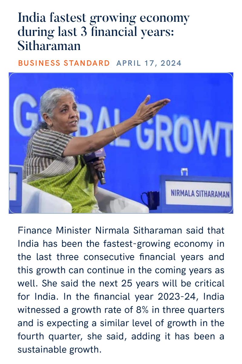 From Fragile Five To Top Three Economies Of the World !
India fastest growing economy during last 3 financial years: @nsitharaman
Due to PM @narendramodi Ji
#EaseOfDoingBusiness ,
 Economic policies, larger macroeconomic stability,stable Govt 
business-standard.com/economy/news/i…
@PMOIndia
