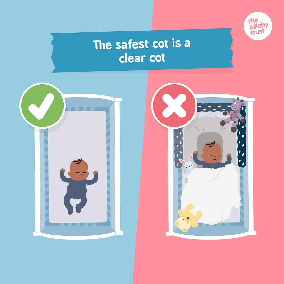 Even though cots are often shown (e.g. on TV or in shops) with cuddly toys, cot bumpers and other extra items, it is much safer to keep the cot clear. This means having just 2 items alongside your baby: (1) Mattress, and (2) lightweight bedding such as a blanket or sleeping bag.