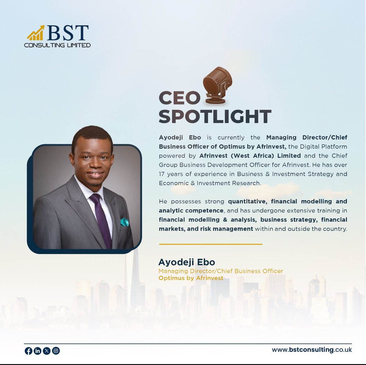 Our CEO spotlight for the week @eboayodeji  @getfinanceandinvestmenttips 

Ayodeji Ebo believes no one should be left out on the journey to a financially secure future. 

#bstconsultinglimited #ceospotlight #financialindustry #finance #business #consulting #advisory #leadership