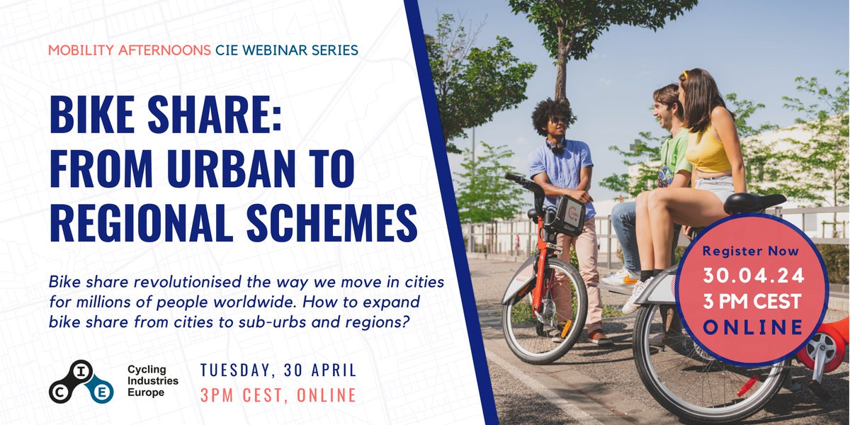 Bike share has revolutionised the way we move in cities for millions of people worldwide. How to expand bike share from cities to suburbs and regions? Join the webinar on Tuesday, 30 April at 3PM CEST for this unique session and register now! ⚡️🚲 🚲⚡️ us02web.zoom.us/webinar/regist…