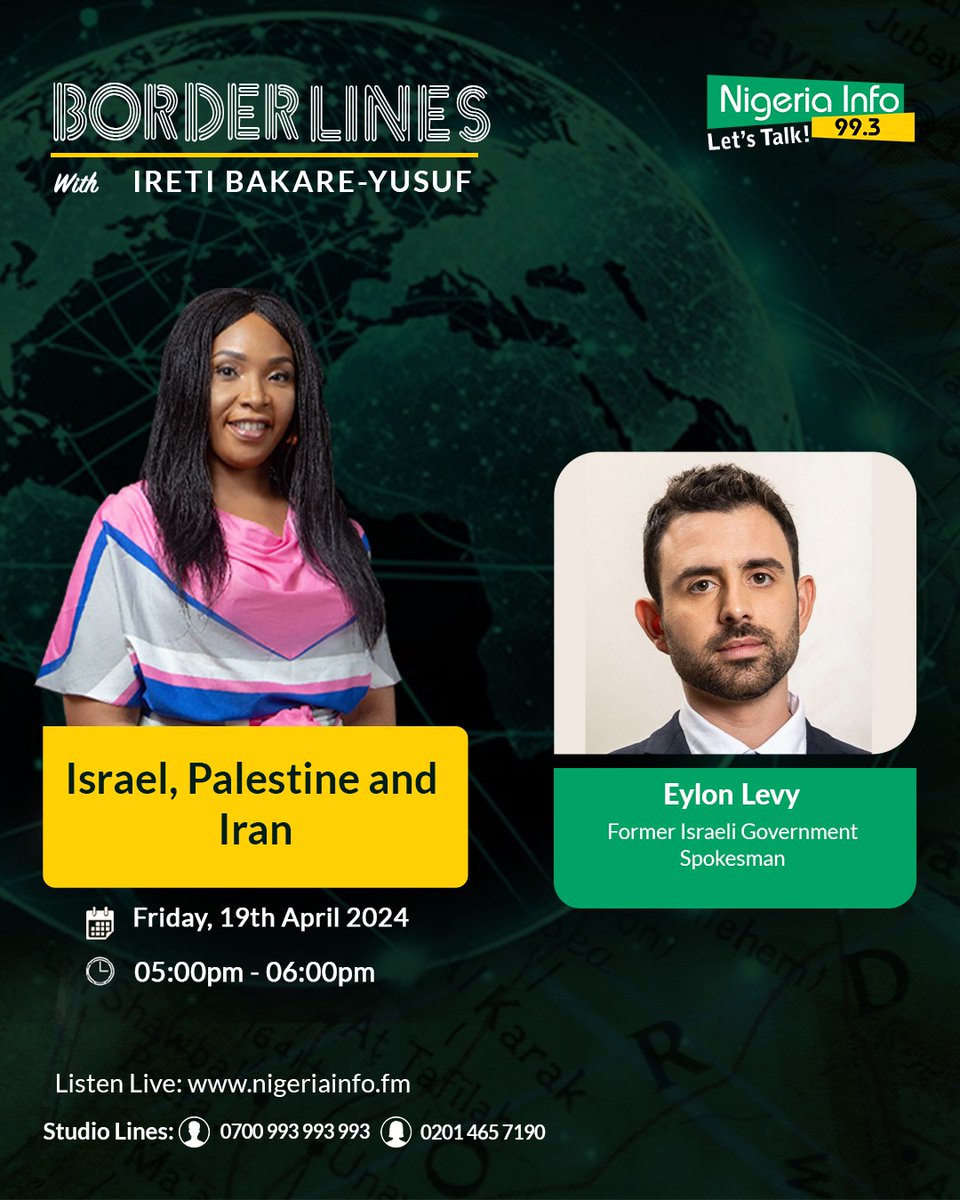 Join us this Friday for another stimulating episode of BORDERLINES 📌At 5PM, our host, @sisiogelagos, will be in conversation with: 👉🏼 Eylon Levy @EylonALevy, Former Israeli Government Spokesman. 📌Set your reminders and join us for this enlightening discussion! 🔊…