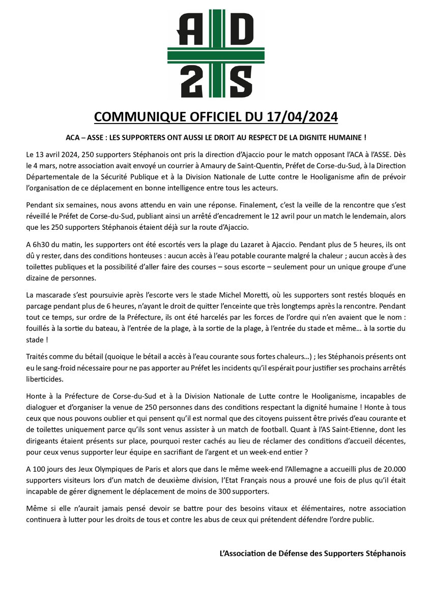 AD2Sasso's tweet photo. #ACAASSE : Les supporters ont aussi le droit au respect de la dignité humaine ! 

Communiqué de l'association ⏬

👋 @Prefet2A https://t.co/nQd5sX5ZAi