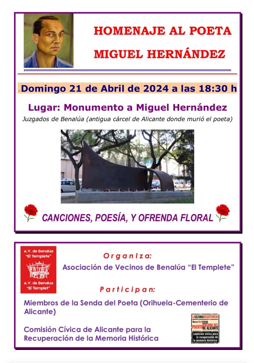 Acto homenaje a Miguel Hernández el domingo 21 de abril a la 18:30, en Alicante
