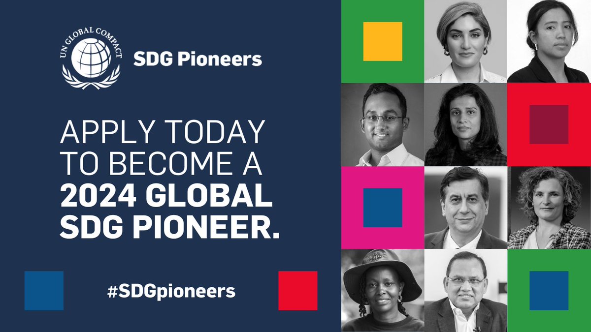 Will you be this year’s Global SDG Pioneer? #SDGPioneers are professionals who utilize business as a positive force to advance the 17 Sustainable Development Goals and #TenPrinciples of the UN @globalcompact . Deadline: April 3, 2024 - May 17, 2024.

 🔗t.ly/Q8FLt