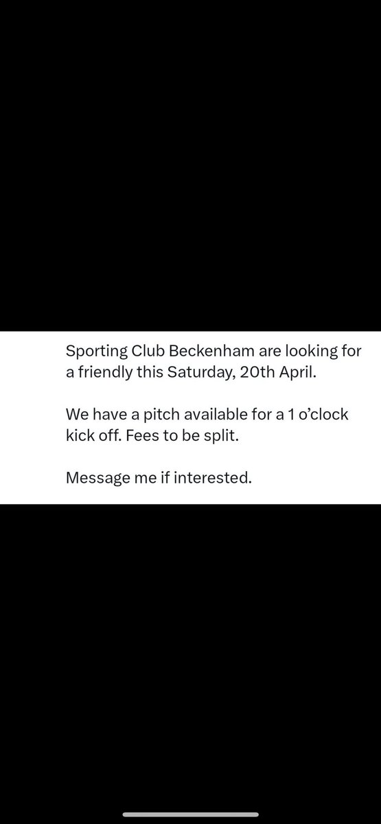 URGENT 🚨

We’re looking for friendly match 20th April - please see below details. DM us ASAP🙏⚽️

<a href="/BASLFL/">B&SL Football league</a> @SELKGrassroots <a href="/KCFL1516/">Kent County FL News</a> 

Please retweet❗️