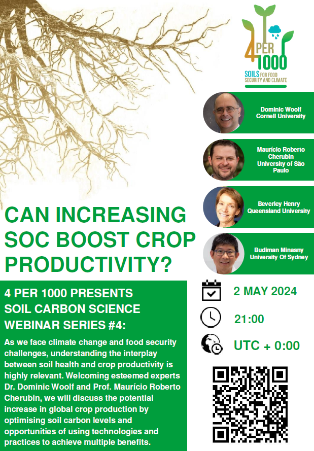📢The @4per1000 Soil Carbon Science webinar series is back! Join us for the upcoming session 'Can Increasing Soil Organic Carbon Boost Crop Productivity?' on May 2 at 21:00 (UTC)! 👉wiki.afris.org/x/KgDKD #SoilHealth #Carbon #Science