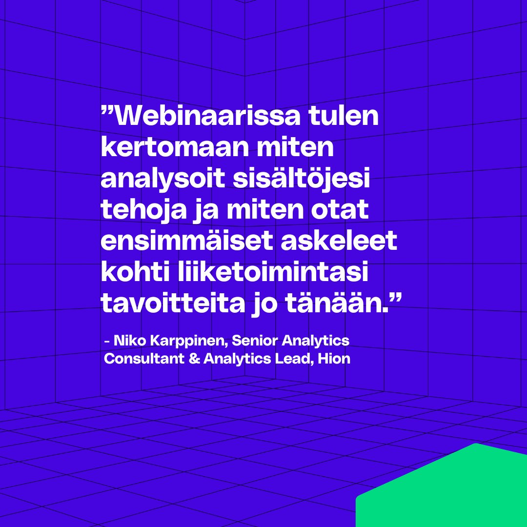 Niko Karppinen, toinen webinaarimme ‘Kehitä verkkopalveluasi datan avulla’ puhujista, tulee kertomaan 7.5. miten analytiikka saadaan viritettyä tukemaan jatkuvaa kehitystyötä.

👉 Ilmoittaudu mukaan webinaariin:
hiondigital.com/kehita-verkkop…

#webinaari
