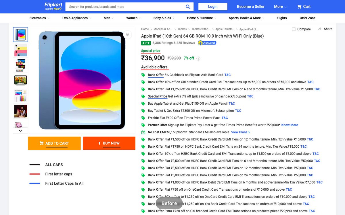 mohit_uxd's tweet photo. 😇Proud to redesign Flipkart's offer section for @uxhack_co  Weekend Hackathon #20!

Aimed to improve offer spotting and reduce visual noise.

Also spotted some typography inconsistencies (Mixed Caps). Hope the @Flipkart UX team finds it helpful!

 #UX #DesignChallenge #flipkart https://t.co/a1iSBEEd5b