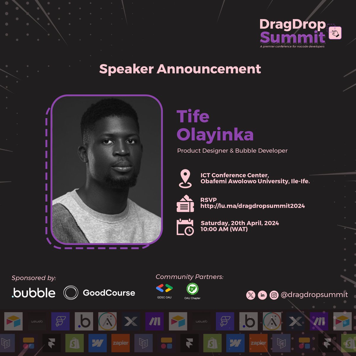 tife_olayinka's tweet photo. 3 days to go for the DragDrop Summit 2024, holding at @OAUniversity 

I’ll be speaking at the event and definitely can't wait to see you 

If you've not registered🔗; https://t.co/u6C6pGsnv1…

#DragDropsummit2024
#Nocode https://t.co/CaYpBJ5QLy