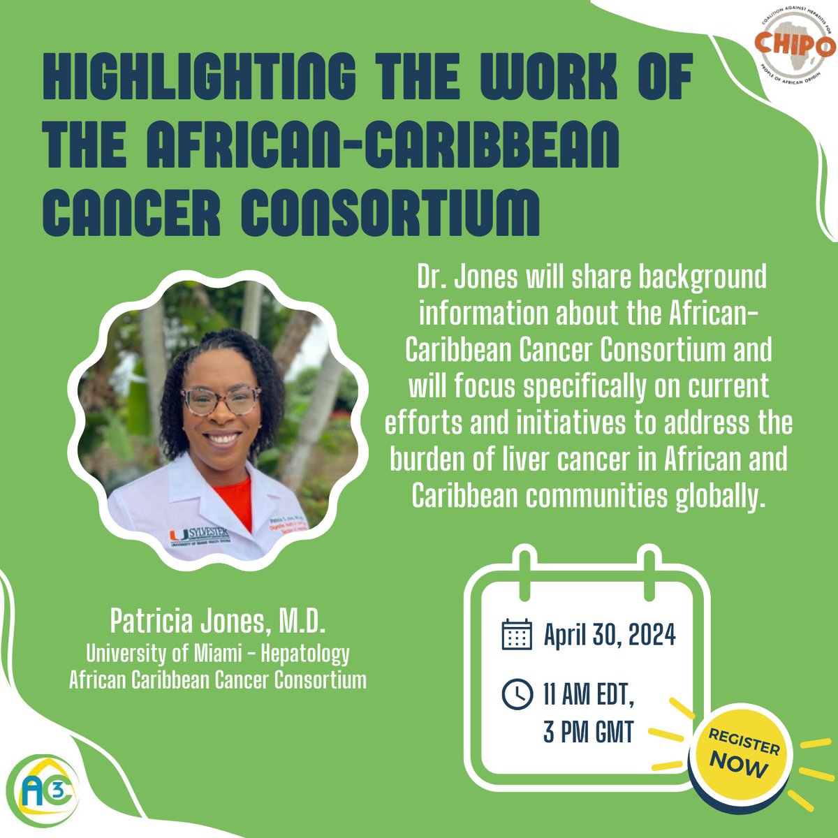 Upcoming WEBINAR: 📅 April 30 ⏲️3pm ET: In honor of #MinorityHealthMonth 🤎, hear from Dr. Patricia Jones, a hepatologist and Associate Professor of Clinical Medicine at @univmiami, and co-leader of the Liver Cancer Working Group in the #AC3. Register ➡️ ow.ly/83A850RbJOy