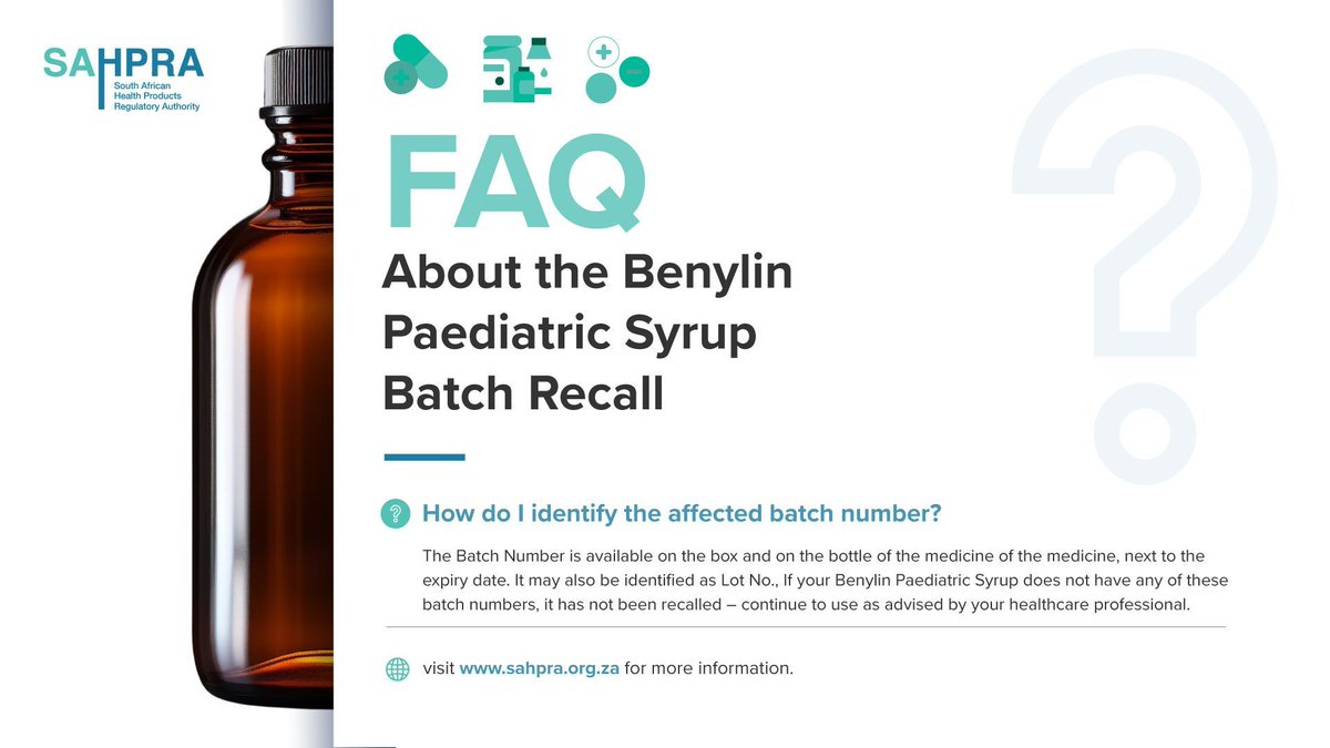 📣 Latest Recall on #BenylinPaediatricSyrup Concerned about SAHPRA’s latest recall – one of the common questions is about identifying the affected batch number. See helpful info below. For more info, see here: buff.ly/3U4m51D #Recall #FAQsOnBenylinRecall