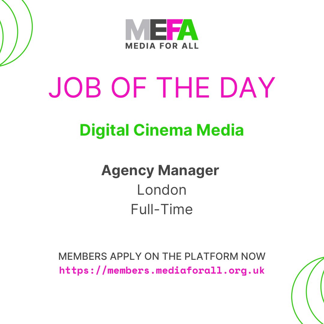 Good Morning ✨

Here is the #JobofTheDay from our MEFA Sponsor @DCM_cinema_news 

💼 Agency Manager

Members can apply via our jobs board on the platform now!

Interested in becoming a member? Visit our website: mediaforall.org.uk