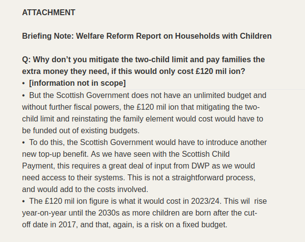 whatdotheyknow.com/request/scrapp… Well now. Massive concession from the Scottish Government after going to the information commissioner. They DO have the power to mitigate the two child limit. They've costed it and they are going out of their way to disguise the fact.