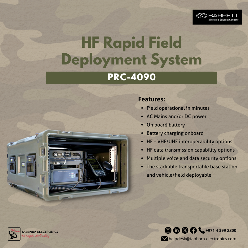 The Barrett PRC-4090 HF Rapid Field Deployment System is the ultimate solution for reliable and secure communication in even the most remote and challenging environments.

#TabbaraElectronics #Barrett #motorolasolutions #uae #dubai #innovation 
#ملتزمون_ياوطن
#نتصدر_المشهد