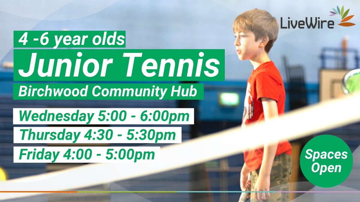 Join the fun on our Junior Tennis programme! 🎾

We have spaces open for children ages 4-6 on Wednesday from 5-6pm, Thursday from 4.30-5.30pm, and Friday from 4-5pm 
😁

Contact aday@livewirewarrington.org to book your free trial session 📩