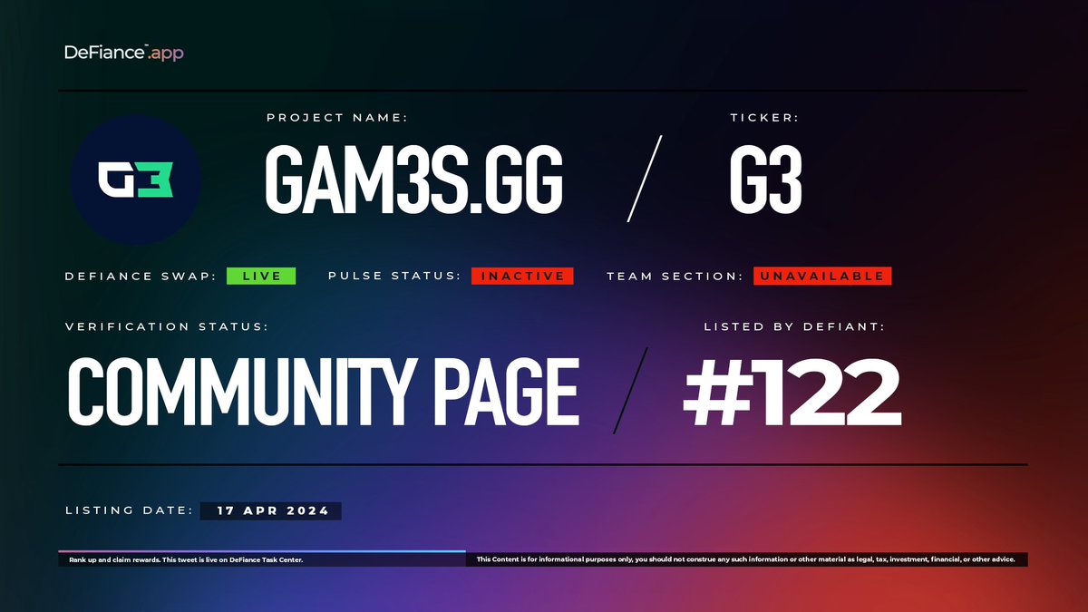.@GAM3Sgg_ community page is now live on DeFiance.app/project/Gam3s.…. 

$G3 is now listed on #DeFianceSwap. 

GAM3S.GG is a web3 gaming superapp that curates and creates content to spotlight the top games and showcases reviews, guides, news, quests, annual award shows,