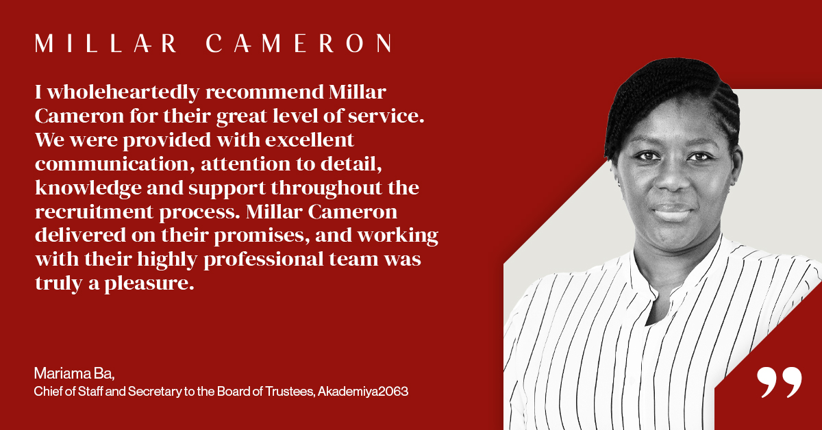 As a team, we strive to deliver exceptional service at every stage of the recruitment process, and it's incredibly rewarding to hear such positive feedback from our clients. Thank you, Mariama Ba, for your kind words! #MillarCameron #ExecutiveSearch #Africa