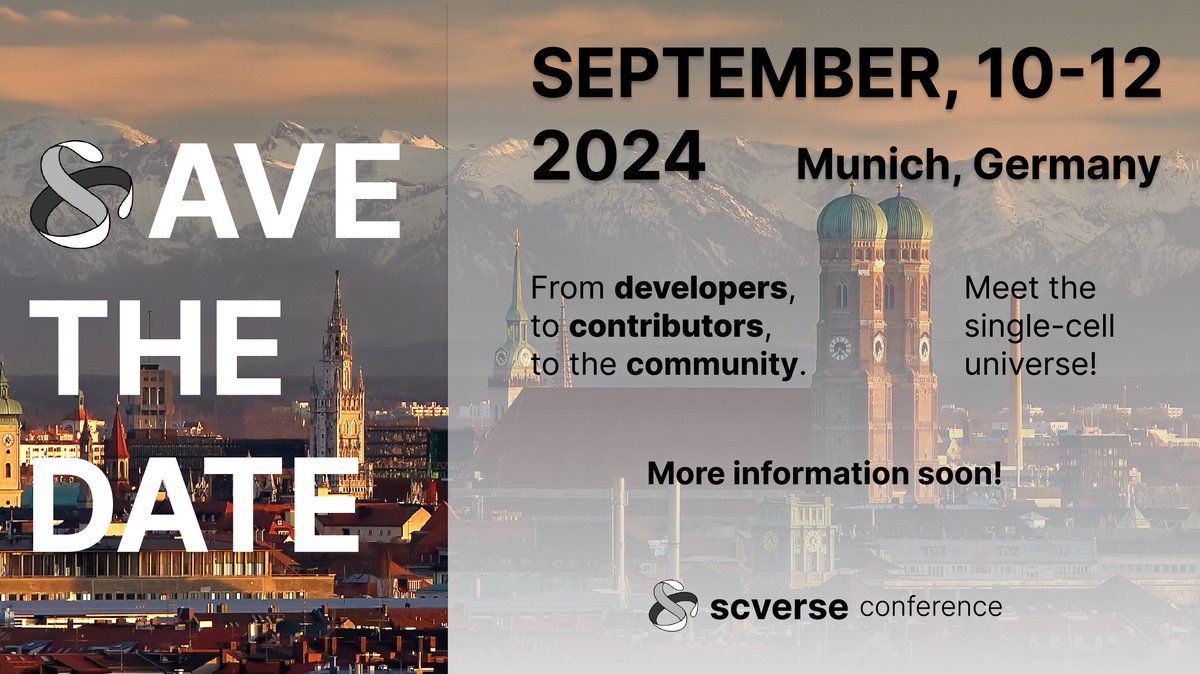 Exciting news for the Python Single-Cell Community!
Save the date for the first scverse conference in Munich from September 10-12. Inspiring talks, interactive workshops, and networking opportunities. Stay tuned for the registrations, speaker announcements, and more! #scverse2024